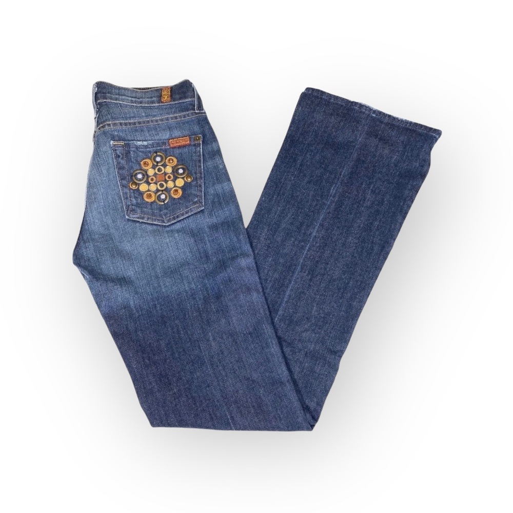 new 7 For All Mankind® ☯︎︎ Gold Medallion Embroidered Bootcut Jeans ☯︎︎ NY Dark - Picture 4 of 16